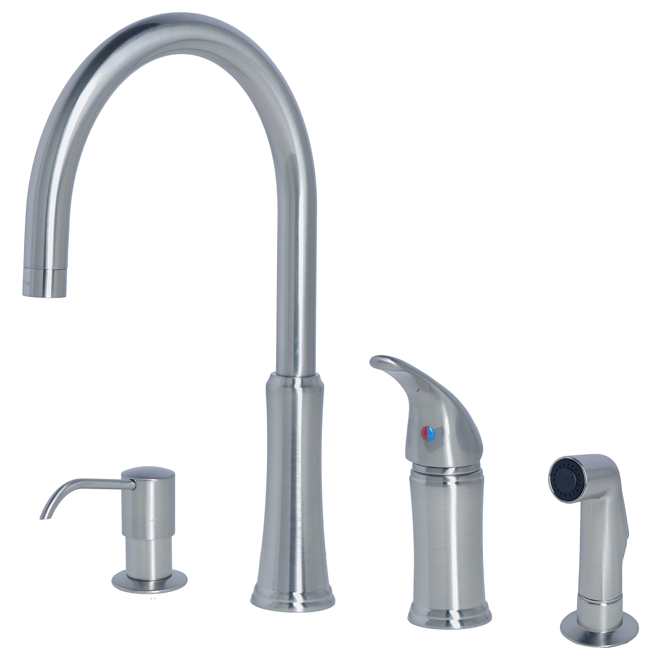 Laguna Brass 1230SS Single Handle High Arc Kitchen Faucet with Spray, Stainless Steel Finish with Soap Dispenser