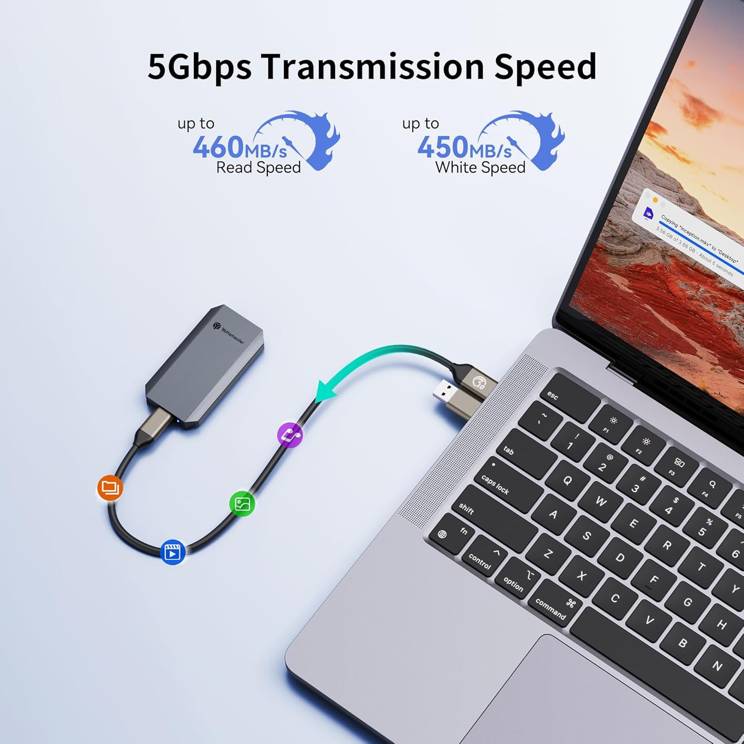 Yottamaster YM5 SSD connected to a laptop via USB-A cable, illustrating data transfer