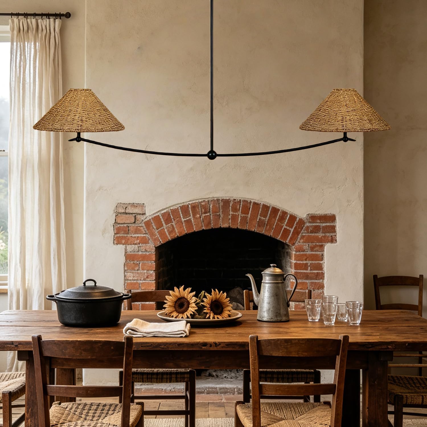 2-Light Rattan Linear Pendant Light with Hand-Weaved Seagrass Shade, 56" Large Hanging Lighting Fixture with Forged Iron Arm, Farmhouse Ceiling Light for Dining Room, Hallway, Living Room, Foyer