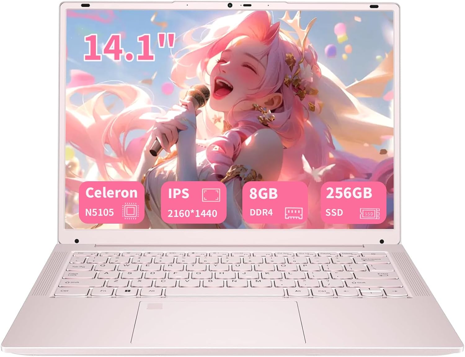 14.1'' Lightweight Laptop for Students, 2K Display, Intel N5105 (Up to 2.9GHz), 8GB DDR4 RAM 256GB SSD, Win11 Pro, Fingerprint, Backlit Keyboard, Type-C, Pink