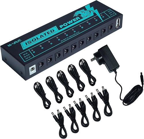 M-VAVE Pedal de guitarra isolado fonte de alimentação portátil para efeitos graves 11 saídas múltiplas isoladas CC 9V 5V saída USB luz LED 300mA 1A cabos de guitarra portáteis
