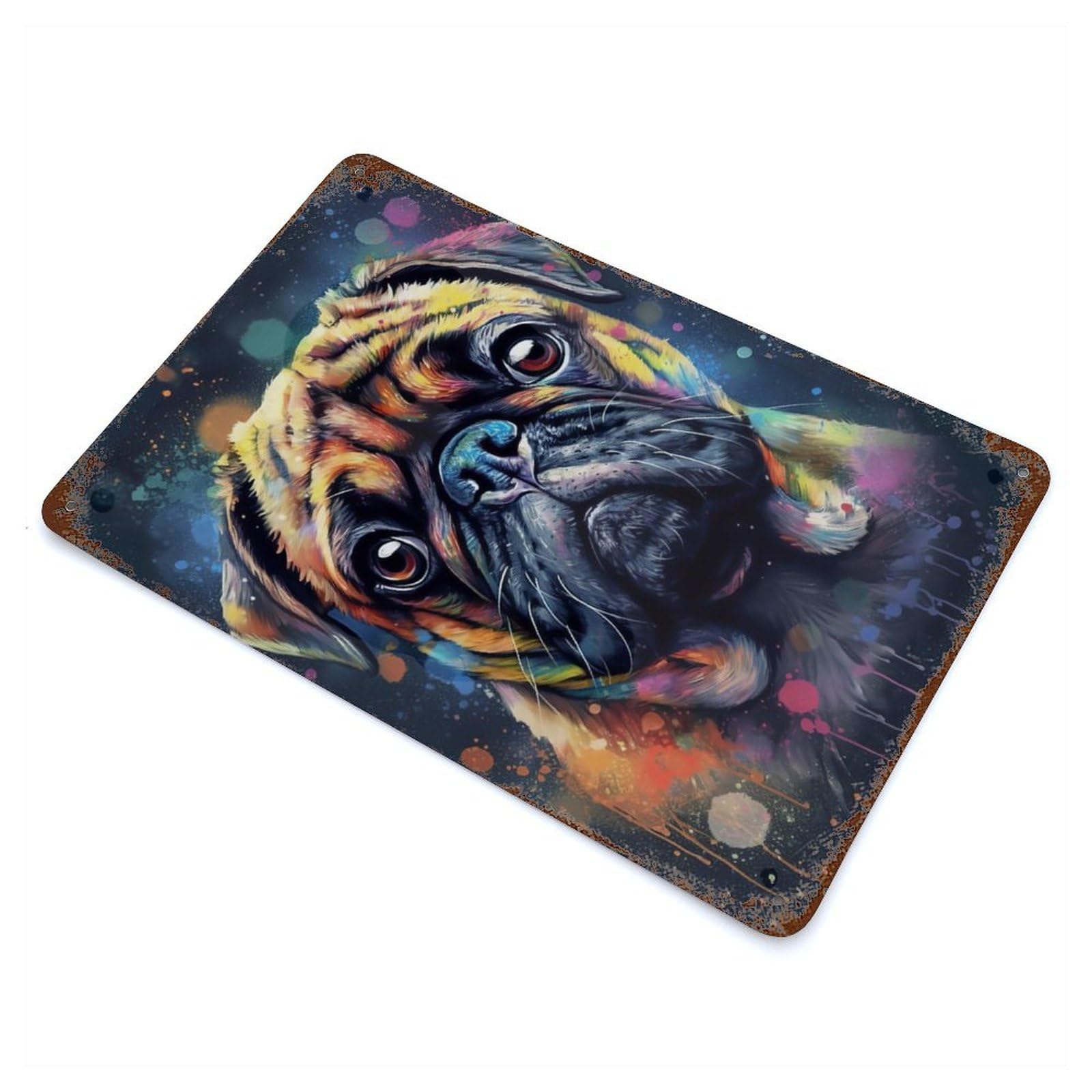 Rust Effect Pug Dog Painting Rusty Metal Tin Sign 11.8"x7.9", Old School Wall Decor for Basement, Hobby Room And Garage Decor