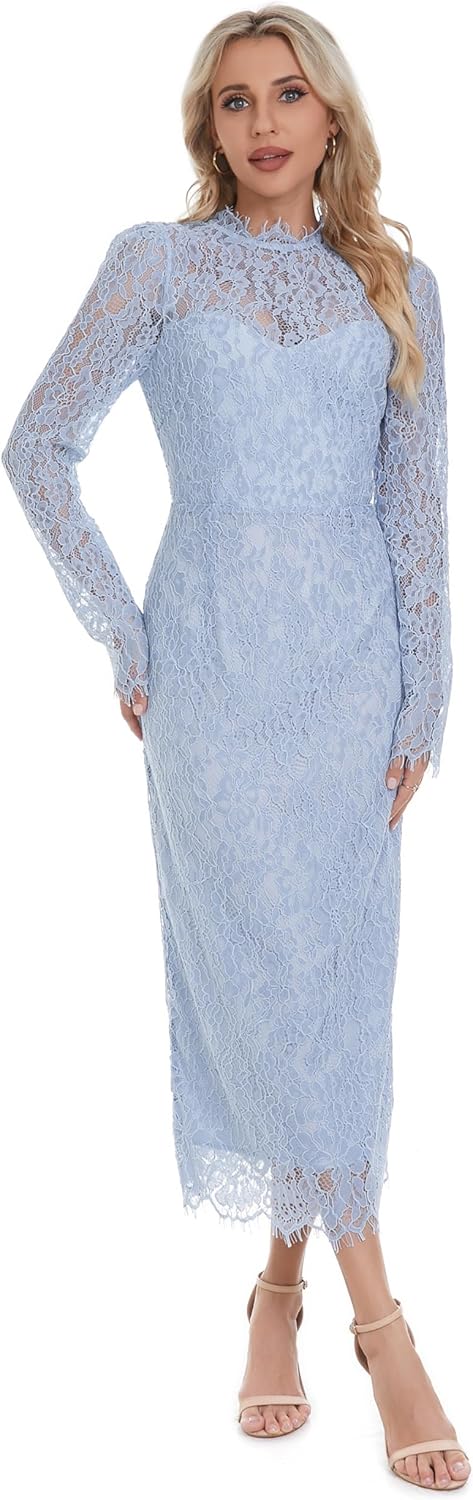Women's Long Sleeve Lace Floral Elegant Cocktail Ocassion Party Midi Dress Wedding Guests Dress - Image 6
