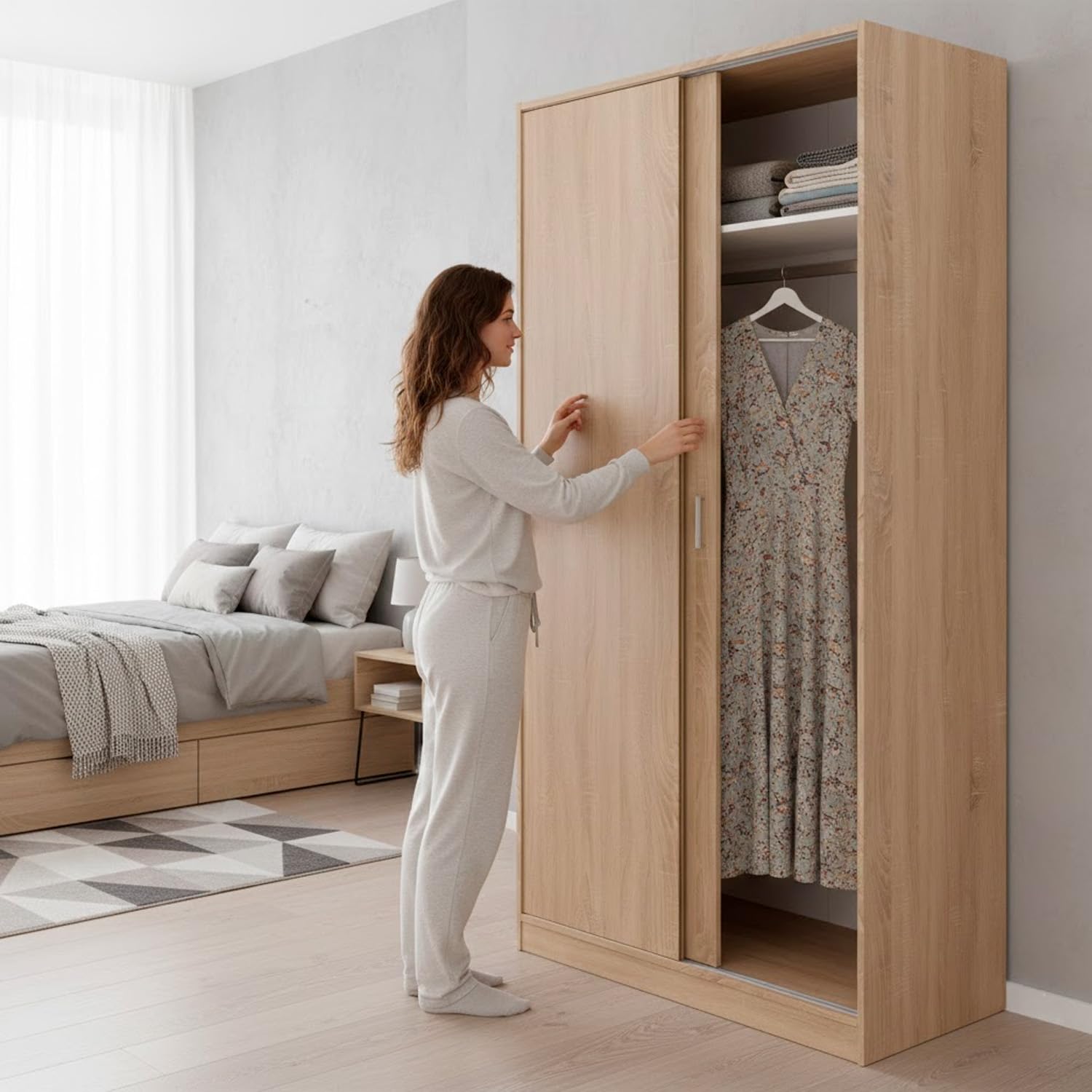 Bricozone Armadio 2 Ante Scorrevoli Con Appendiabiti E Ripiano Superiore Salvaspazio Design Moderno In Rovere Per Camera Da Letto E Cameretta Mobile Contenitore 200 x 100 x 50 Cm