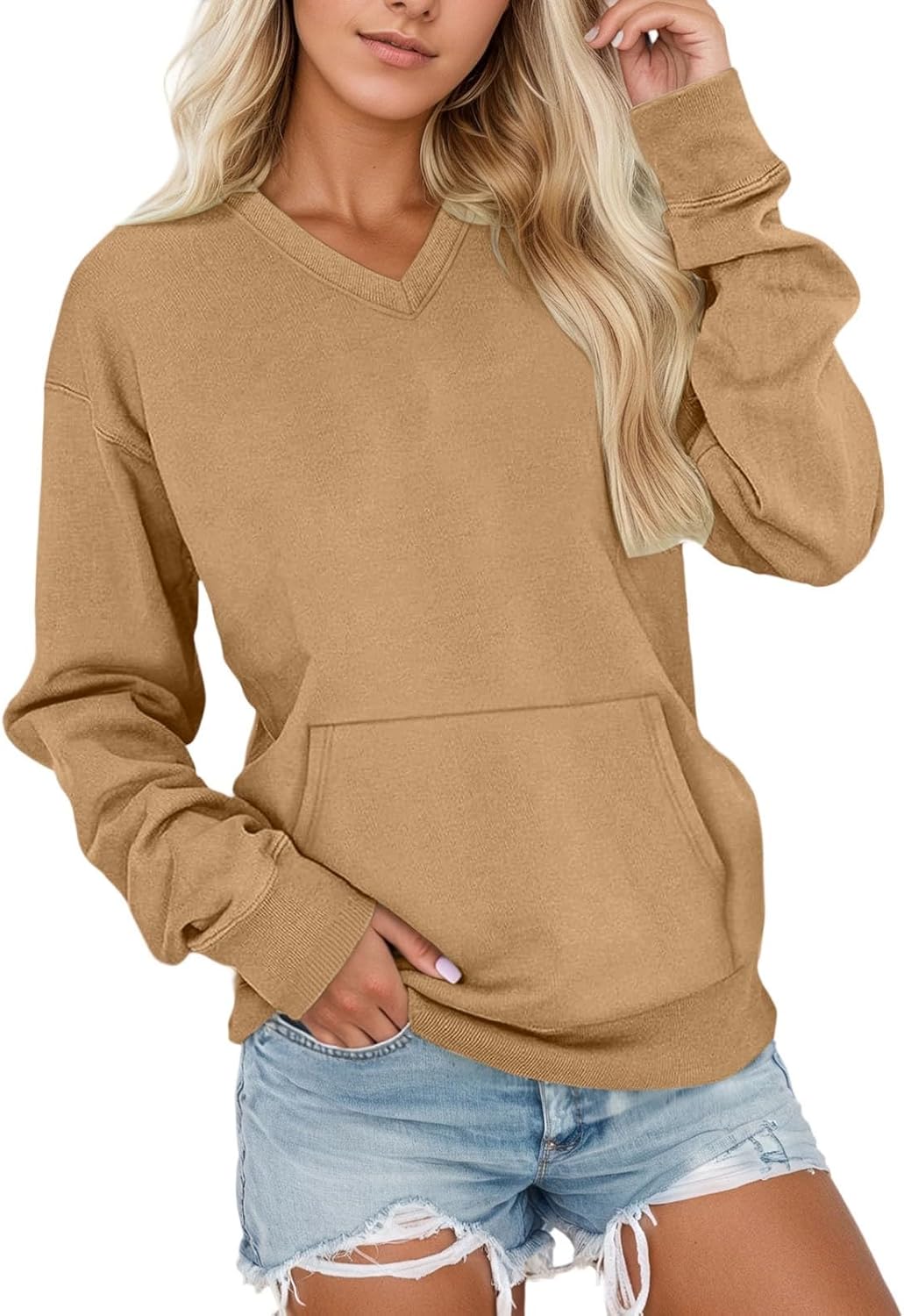 Oversized Sweatshirt for Women Casual V Neck Pullover Sweatshirts Pockets Long Sleeve Tops Fall Outfits Soft Winter Clothes