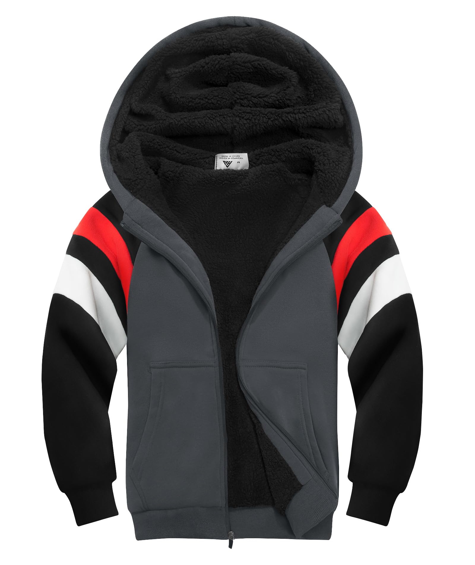 SWISSWELL Boys Fleece Jacket Long Sleeve Sherpa Lined Zip Up Hoodies Soft Warm Sweatshirt Outerwear for Kids 6-15 Years