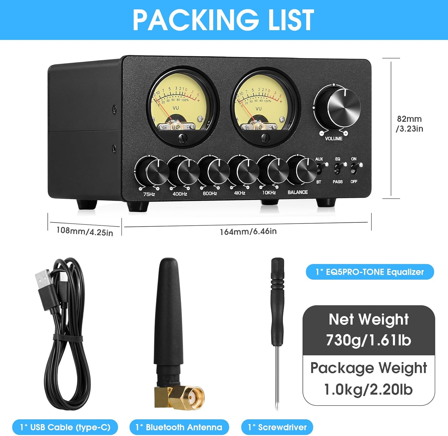 Douk Audio 5 Band Equalizer Bluetooth EQ Preamp for Home Stereo/Computer Speaker/Amplifier with VU Meter (EQ5 Tone Upgraded Version)