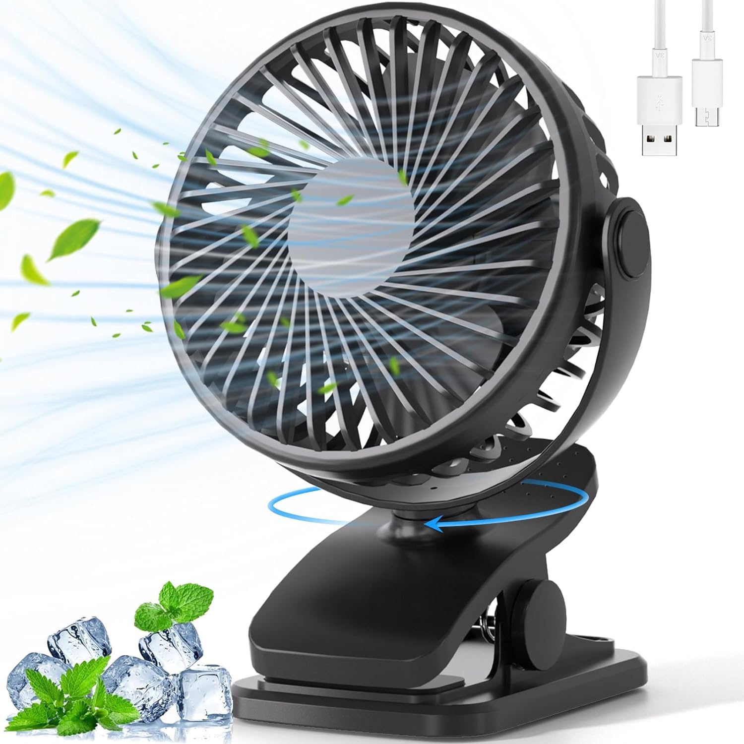 6 inch Portable Clip on Fan, Battery Operated USB Fan, Small Desk Fan with 3 Speeds, Strong Clamp, 360°Rotate Personal Fan for Office Home Dorm Stroller
