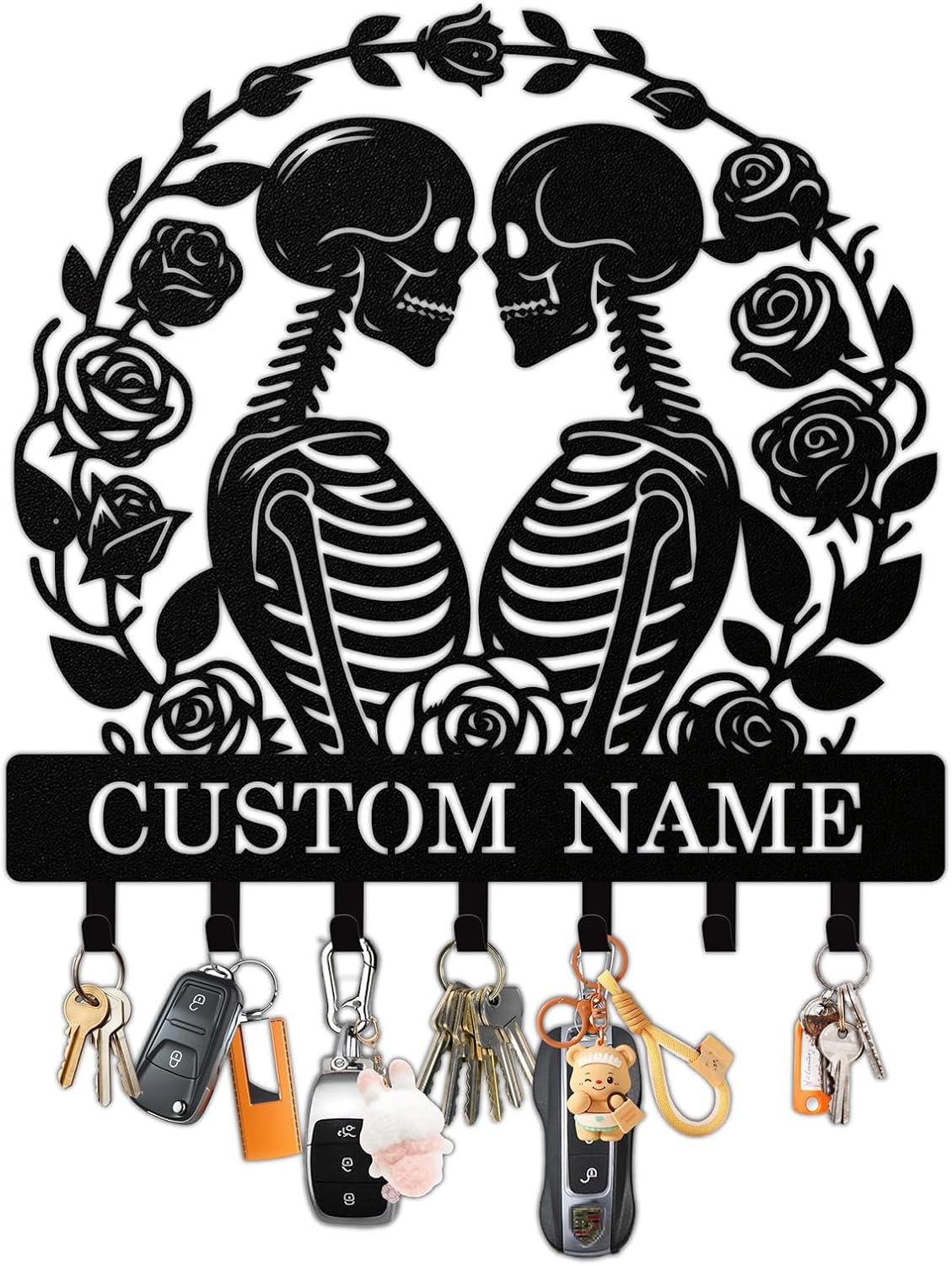 Personalized Skull Couple Key Holder Wall Mount, Custom Name Metal Key Holder Rack for Wall with Hooks, Custom Wall Keys Hanger for Home, Entryway, Front Door, Bedroom, Bathroom, Garden, Garage