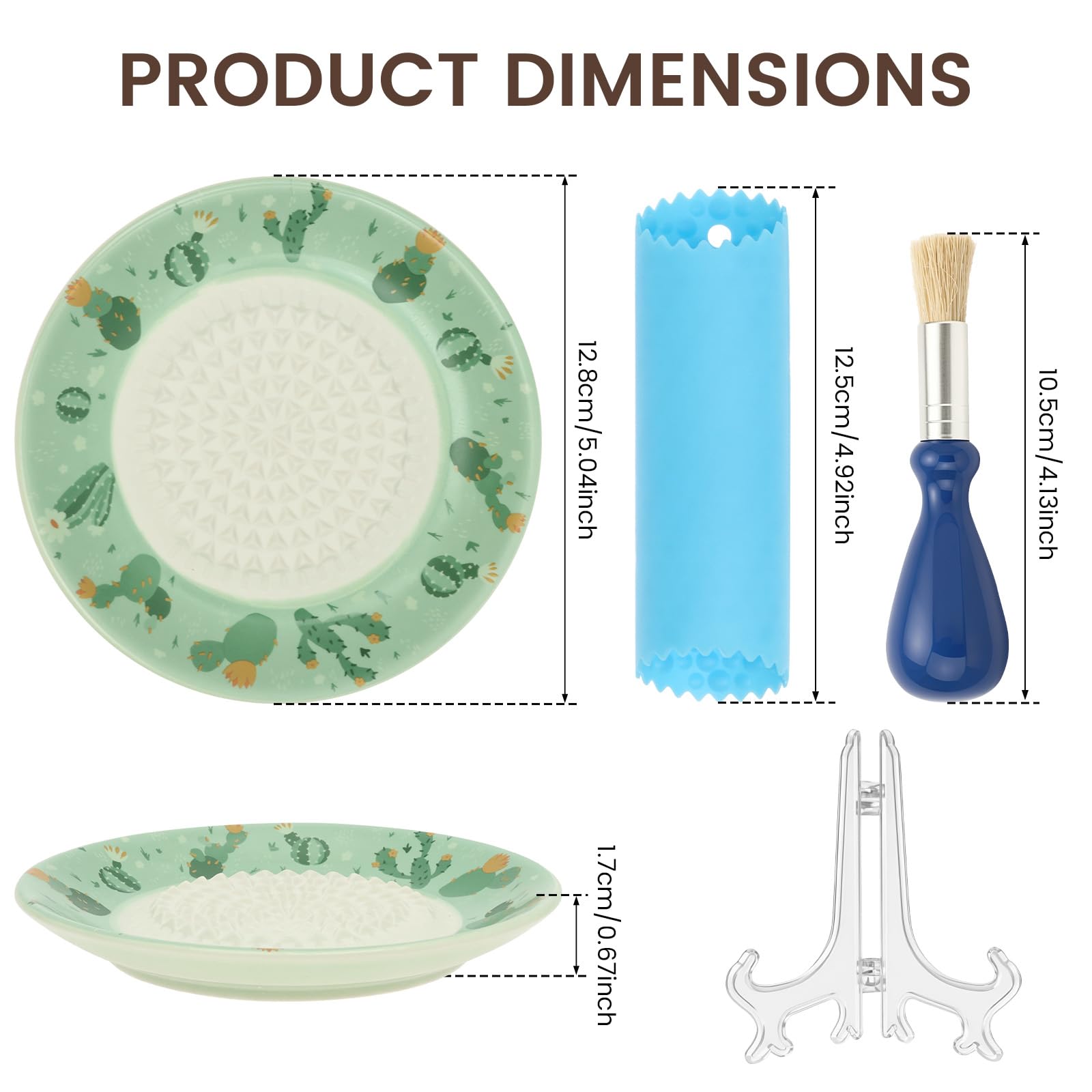 Garlic Grater Plate Set including Brush and Peeler, Dishwasher Microwave Safe, Green Cactus - Image 2