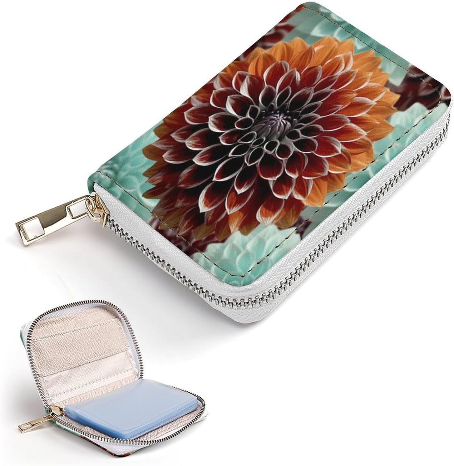 Leather Card Organizer Case Card Wallet Credit Card Holder Dahlia Flower Printed Zipper Card Cases Holder for Women Men
