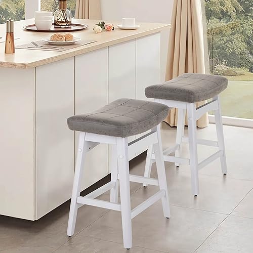 Miniatura 7 de ALPHA HOME Juego de 2 taburetes de bar, taburetes de cocina de madera maciza con cojín de piel sintética gris, taburetes de bar con base de madera