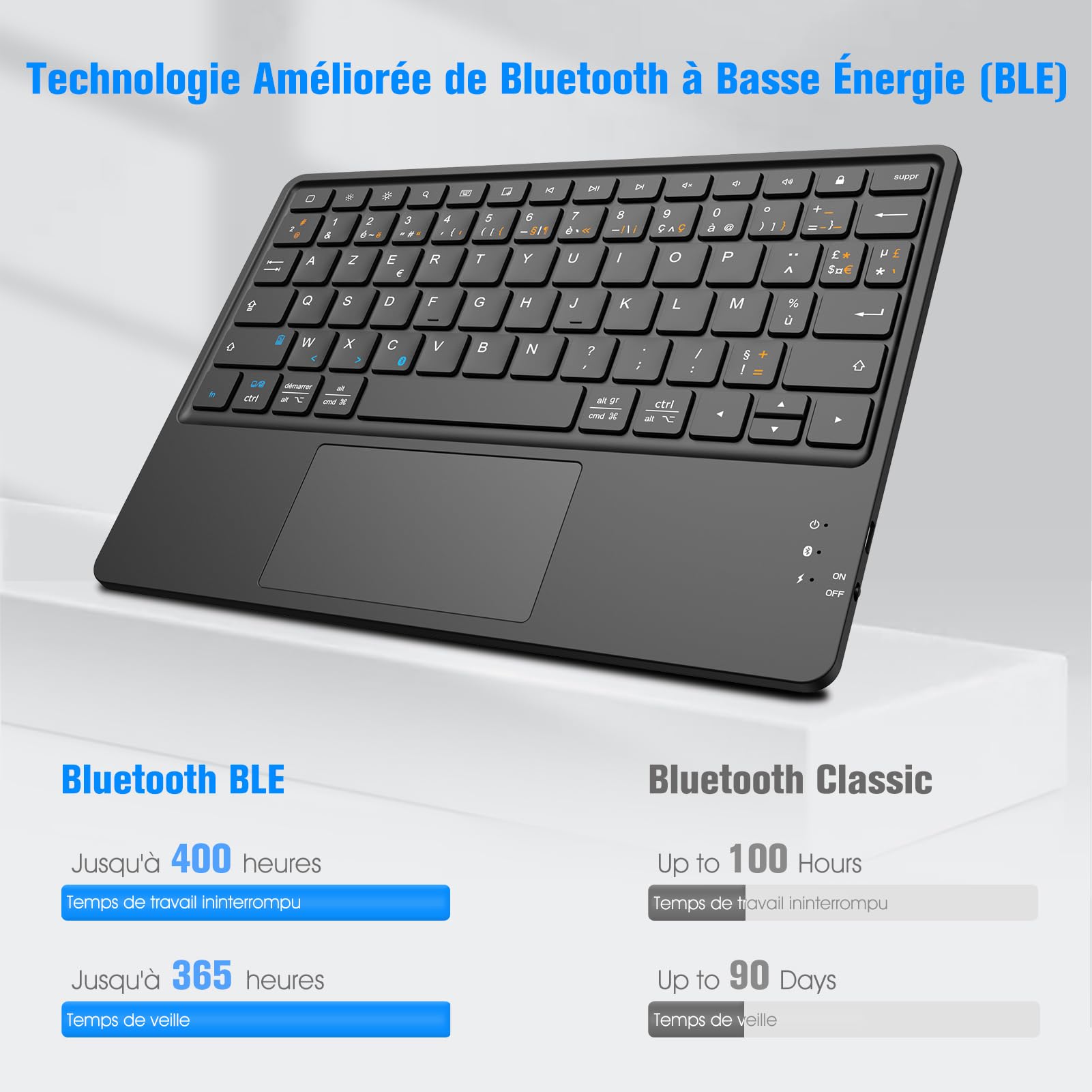 FINTIE Clavier sans Fil 10 Pouces - [Pavé Tactile] Léger Ultra-Fin, Clavier Bluetooth AZERTY Français pour iPad, Android Tablette Samsung, Xiaomi/Redmi Pad, Huawei etc, Noir