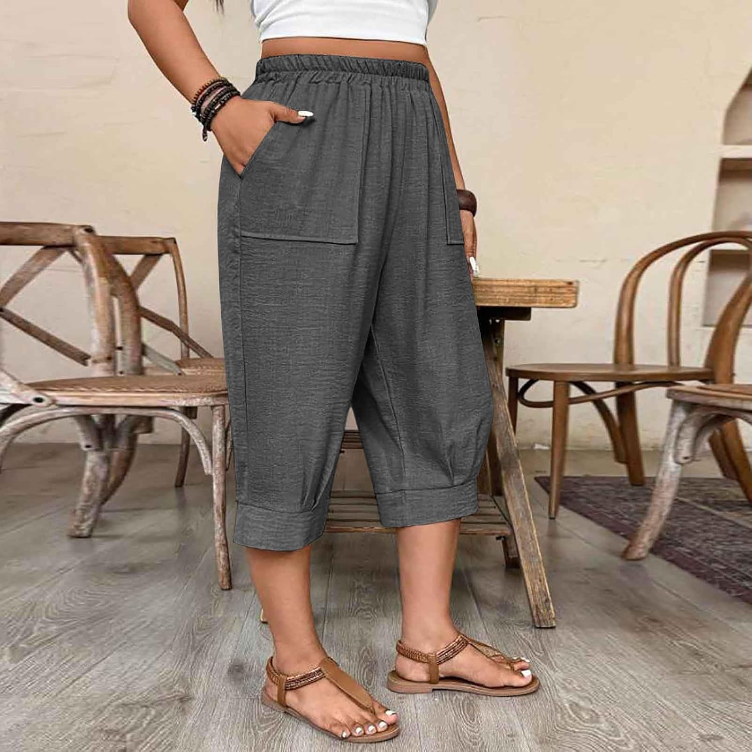 Womens Wide Leg Capri Pants Summer Palazzo High Waisted Casual Lounge Vacation Cropped Beach Trousers Work Outfits