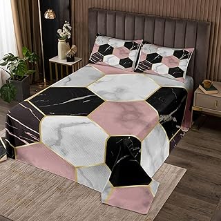 Geometric Quilt Set Honeycomb Coverlet Set for Boys Girls Child Gold Hexagonal Pattern Bedspread White Pink and Black Marble Quilted Bedroom Collection Colorful Room Decor Twin Size Bedding Set 2Pcs