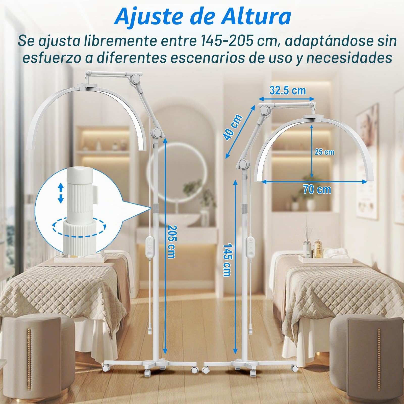 CGBE Lámpara Pestañas Media Luna de Pie LED Profesional con Base Rodante | Lámpara Extensiones Pestañas con Soporte Teléfono, Cabezal Giratorio 360°, Brillo y Altura Ajustables para Salones de Belleza