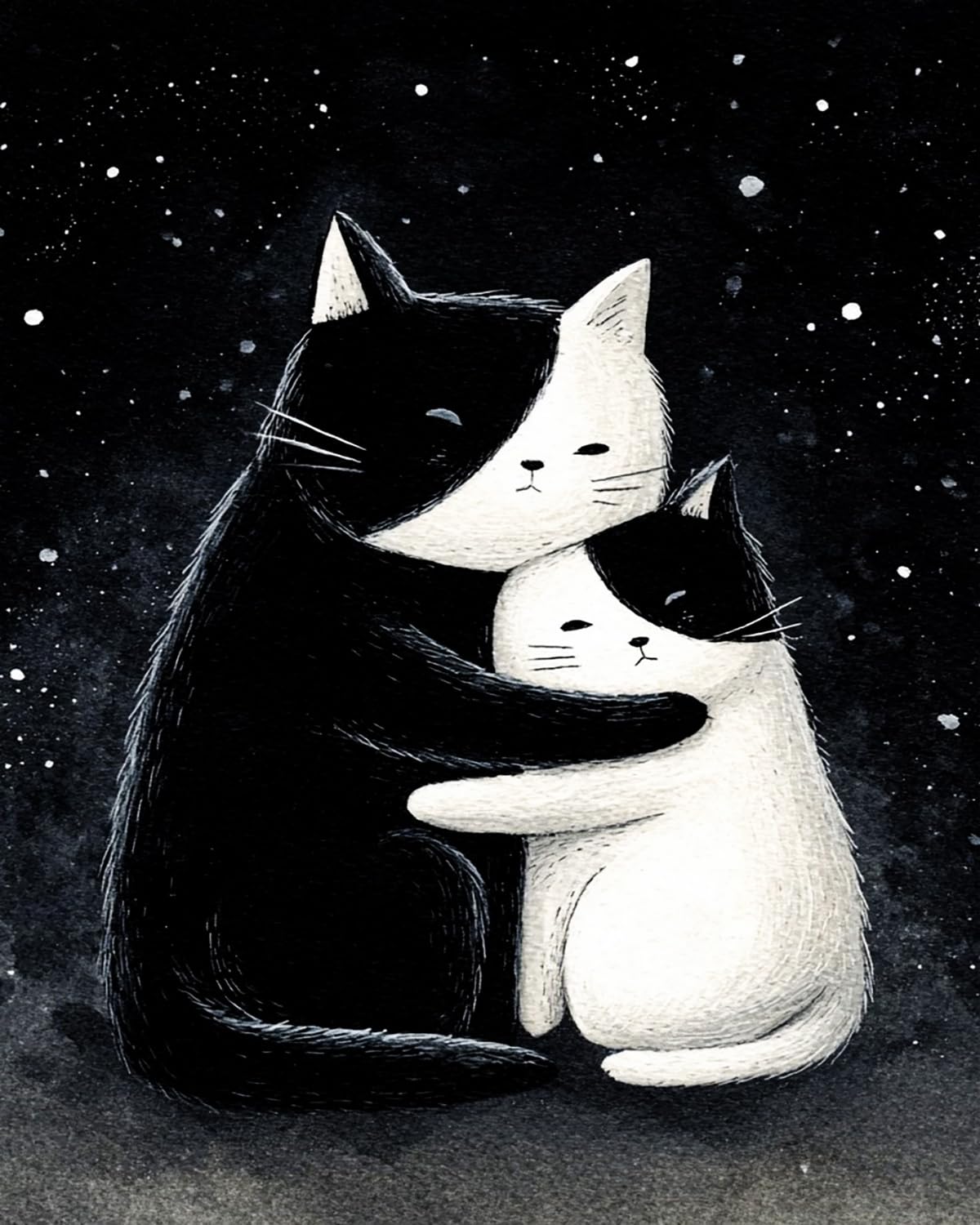 Liubaishi Black And White Paint By Numbers For Adults, Black, Starry Night Cat Embrace, 40X50 Cm, Acrylic On Canvas, With Brushes And Paints