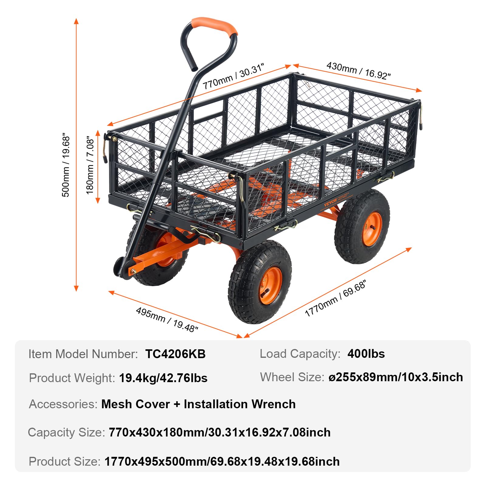 VEVOR Chariot à benne basculante, capacité de charge 181 kg, chariot de jardin en métal robuste avec cadre facile à assembler, poignée convertible 2 en 1, roues 255 mm, chariot utilitaire pour pelouse