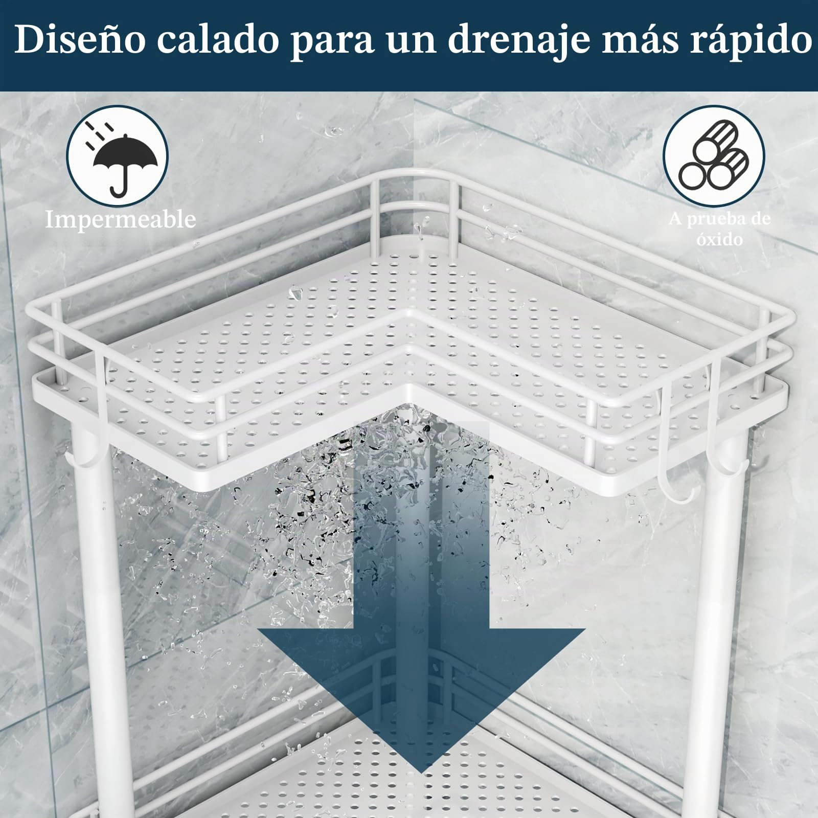 Consumest Organizador de ducha esquinero de pie – Organizador de ducha de acero inoxidable de 3 niveles con soporte para jabón y 4 ganchos, estante de esquina de ducha de gran capacidad para baño,