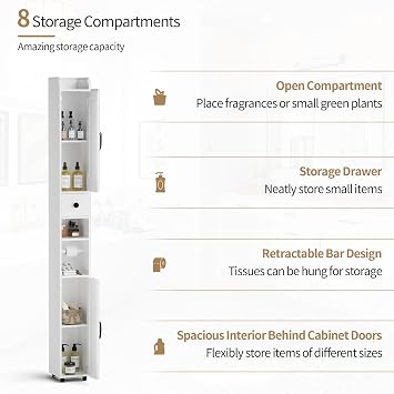 BonVache 180cm Slim bathroom storage unit, Tissue Compartment, White