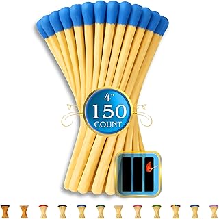 150 Count | 4" Blue Matches | Strikers Included | Color Tip Wooden Match | Refill for Matchstick Jars, Cloche Display, Holders & Bottles | 4 in inches Long