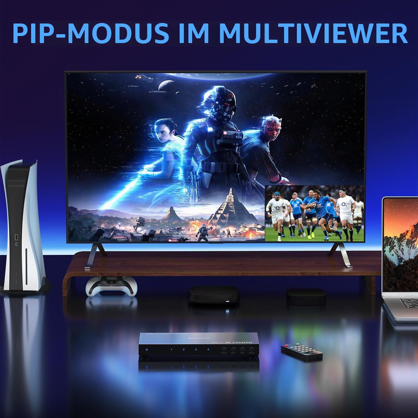 HDMI Multiviewer Switch 4x1 mit Pip, PORTTA Quad Multi Viewer Seamless Switcher 4 in 1 Out mit Toslink, 3,5 mm Audioausgang unterstützt 1080p 60 Hz, 6 Anzeigemodi, Downscaler, kompatibel mit PS4 Xbox