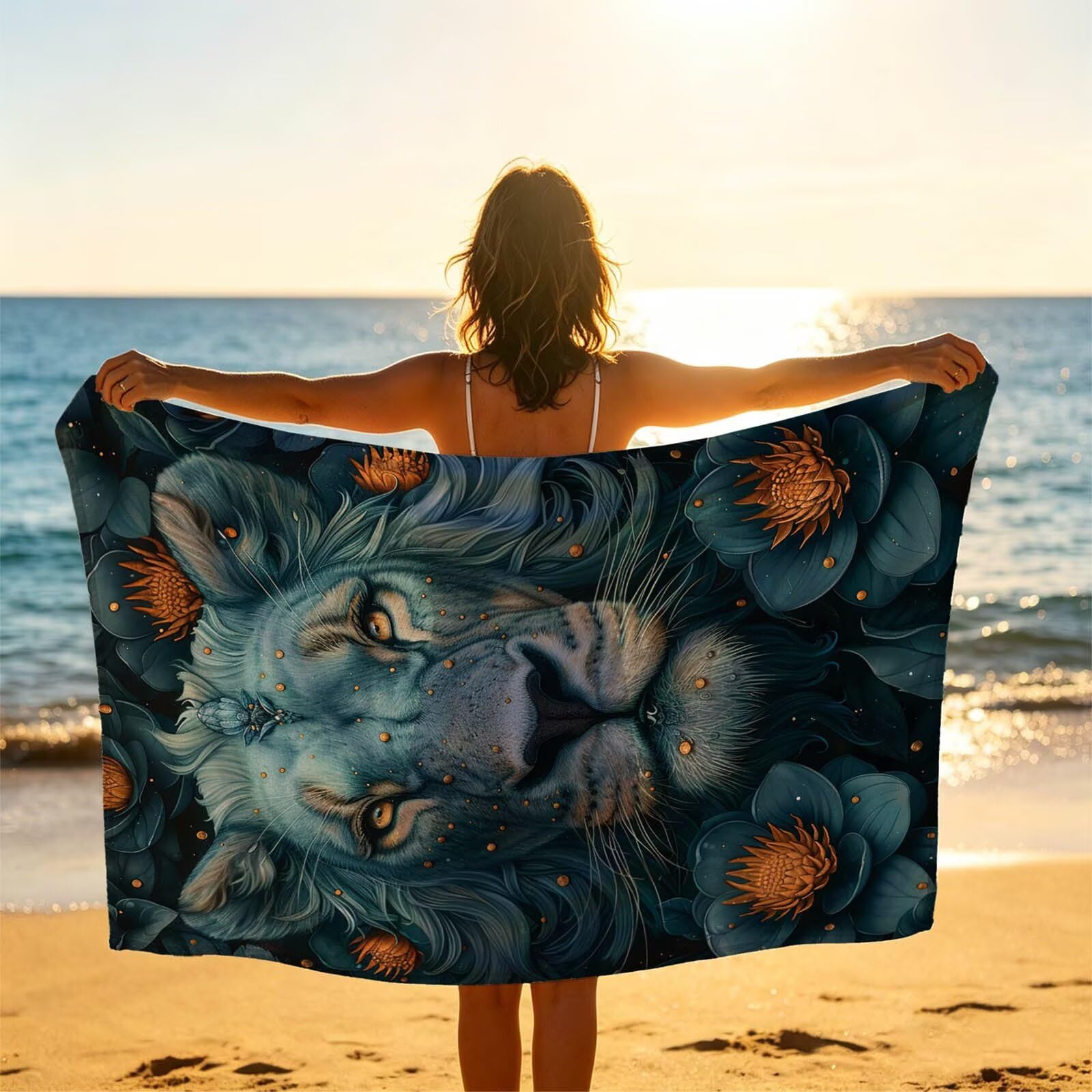 León Toalla Playa 220 x 160 Resistente a la Arena Secado rápido Ligero, Toalla Playa Grande 160x220cm Suave Cómodo como Gym Yoga Sauna Toallas Baño Grandes Exterior Travel Essentials Animal XTLS-5429