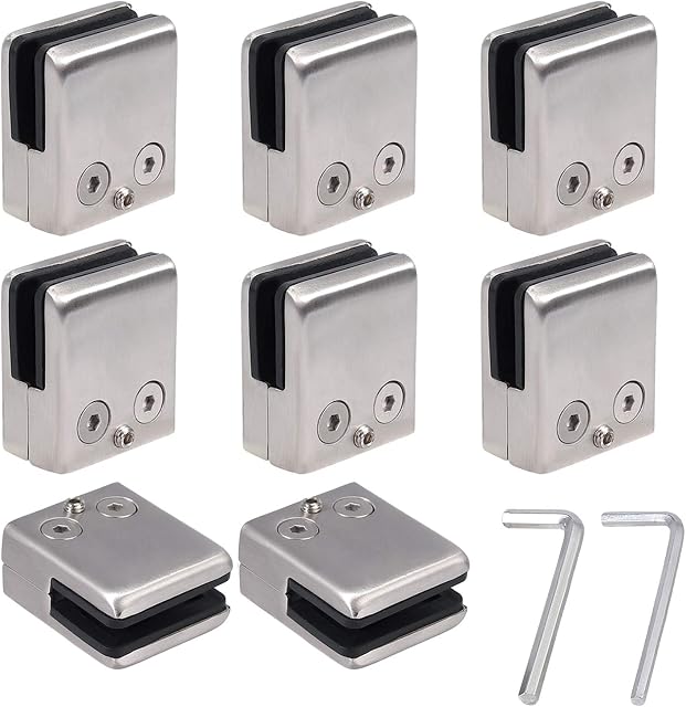 EYPINS 8 Pcs Glass Clamps, Stainless Steel 304 Square Glass Holder Adjustable Brushed Glass Clip Clamp Bracket for 9-10mm Glass Handrail Balustrade, with Mounting Spacer and Hexagon Drivers(M Size)