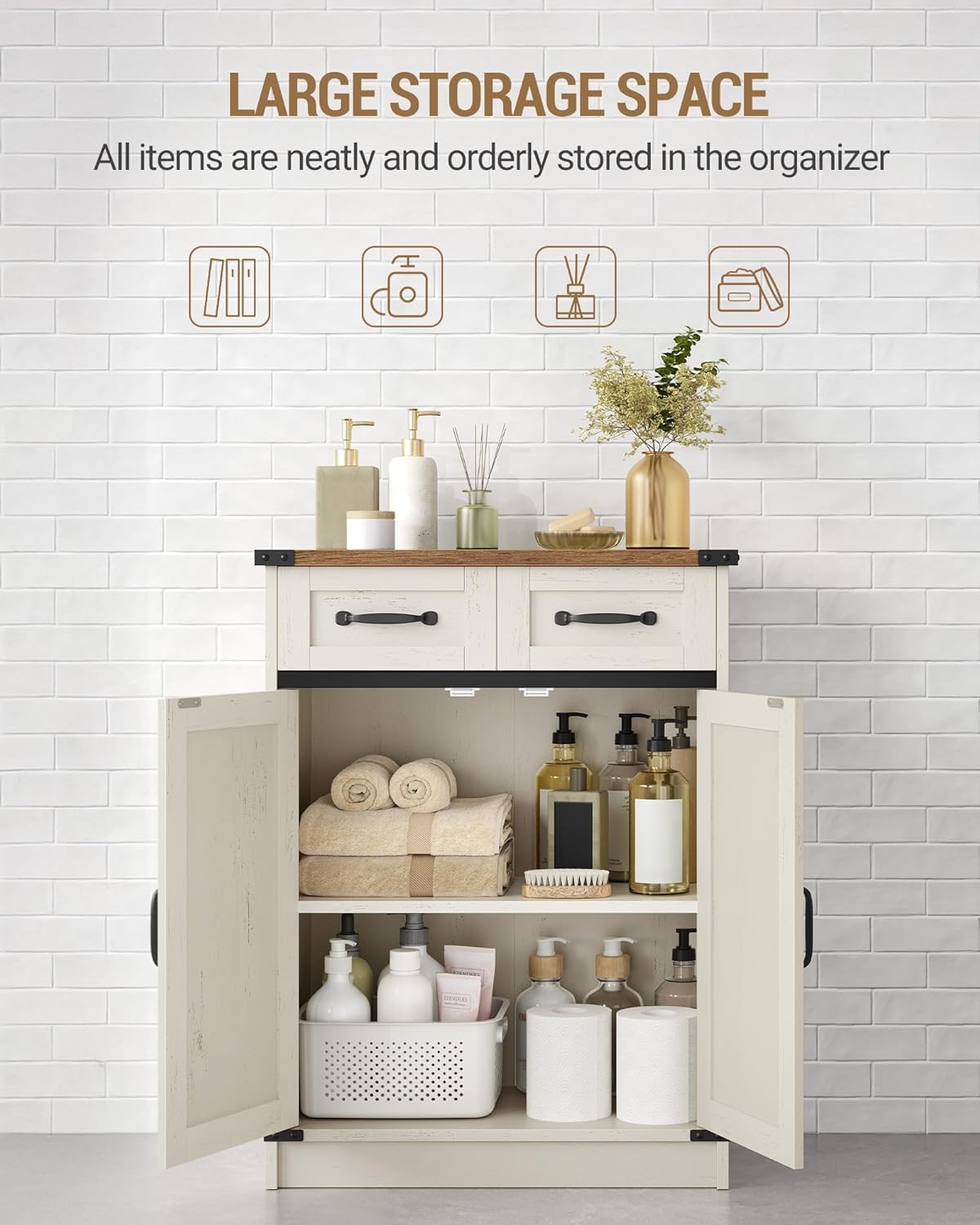 Hzuaneri Mobile da Bagno, Mobiletto da Bagno con 2 Cassetti e 2 Ante, Mobiletto da Cucina, Ripiano Regolabile, 30 x 60 x 80 cm, Bianco Rustico e Noce Medio SC62414X