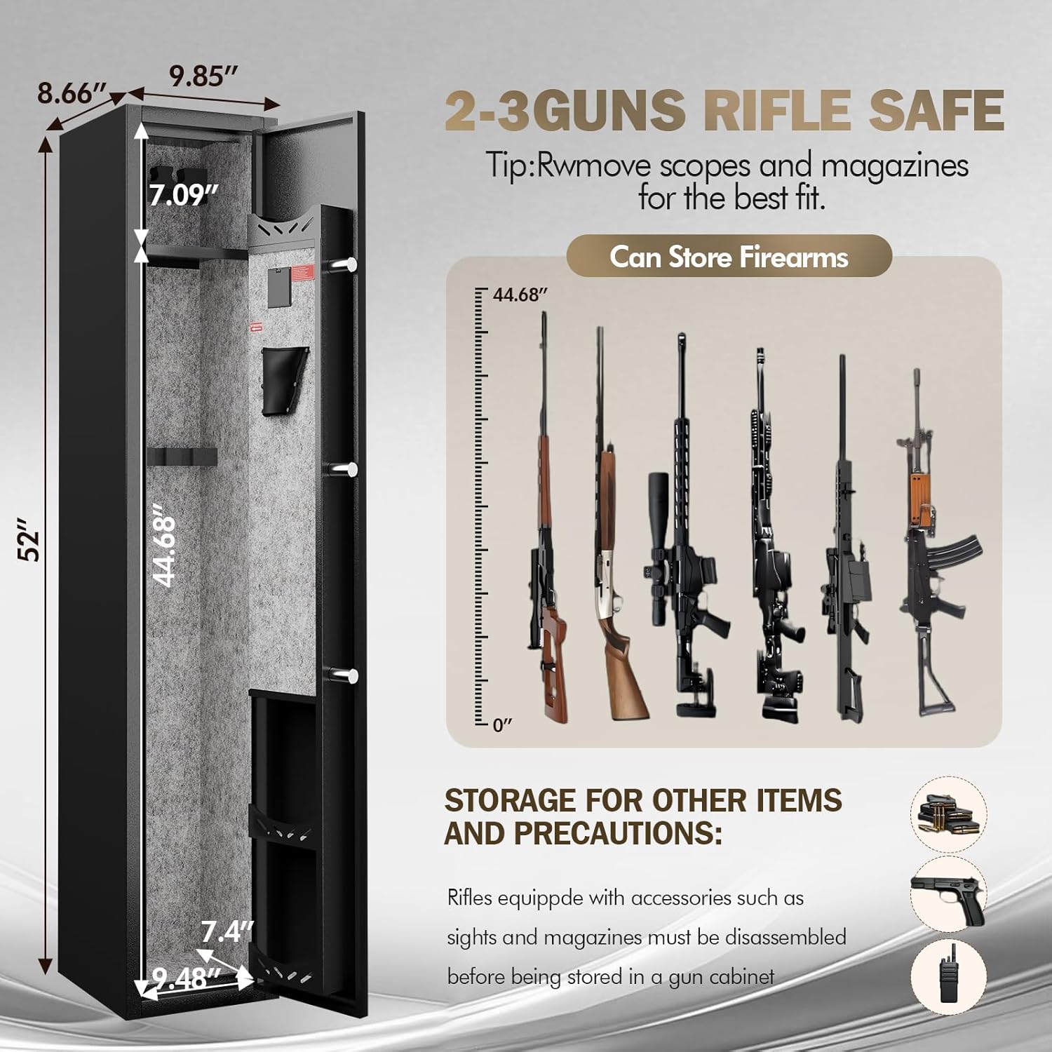 KAER 2-3 Gun Safe, Gun Safe for Rifles and Pistols, Rifle Safe, Gun Cabinet with Digital Keypad Lock, Rifle Safe with 4 Gun Slots and Pistol Pockets for Secure Storage in Garage, Bedroom, Living Room
