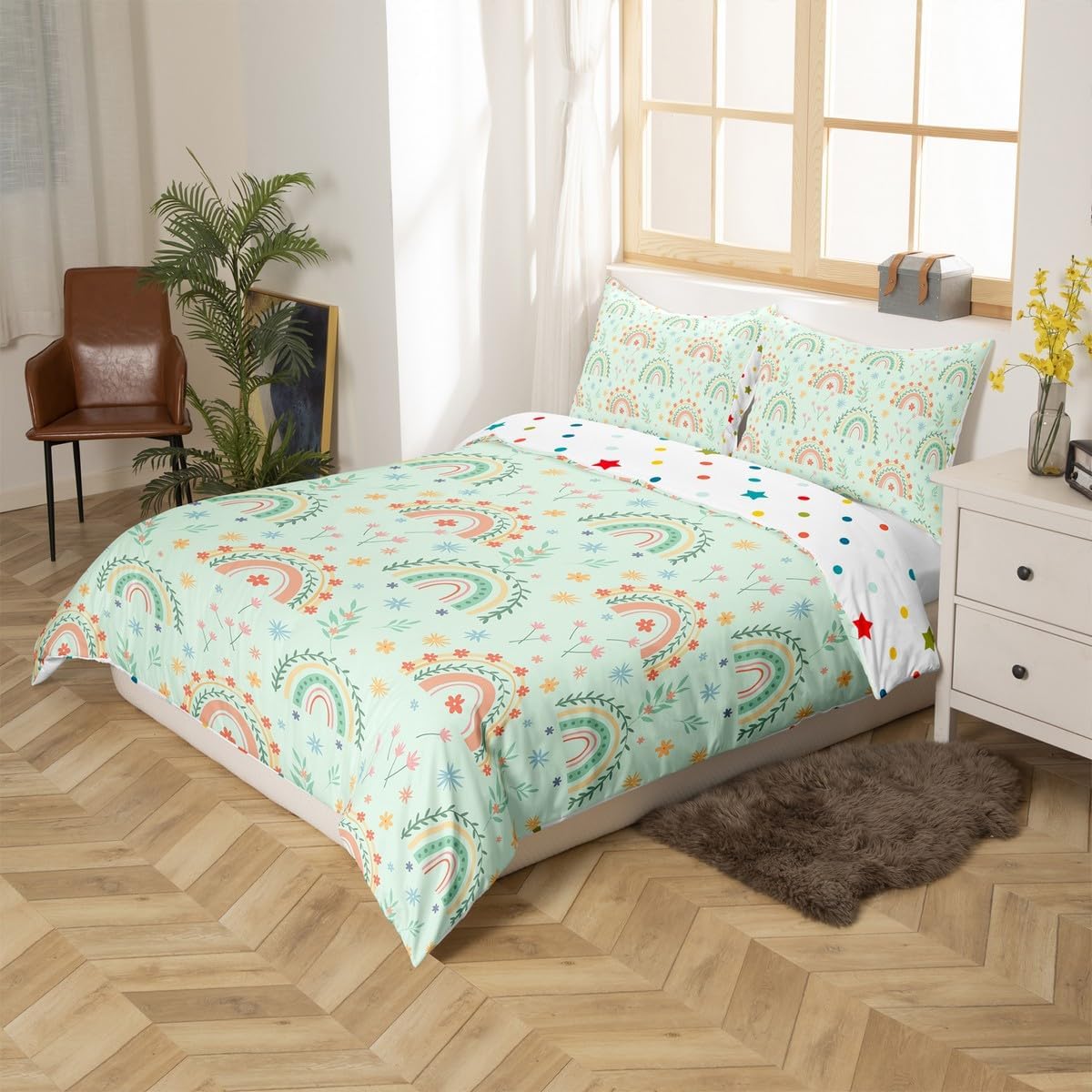 Cute Rainbow Duvet Cover Set Toddler Size,Botanical Daisy Flowers Rustic Farmhouse Bedding Set,Girls Women Room Decor,Cartoon Rainbow Chic Comforter Cover,Green Quilt Cover,1 Pillowcase(No Filler)