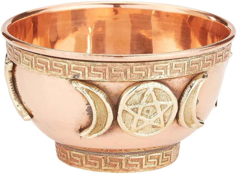 Triple Moon Pentacle Copper Offering Bowl 3" - for Altar, Ritual, Incense Burning, Smudging, Candle Holder, Decoration