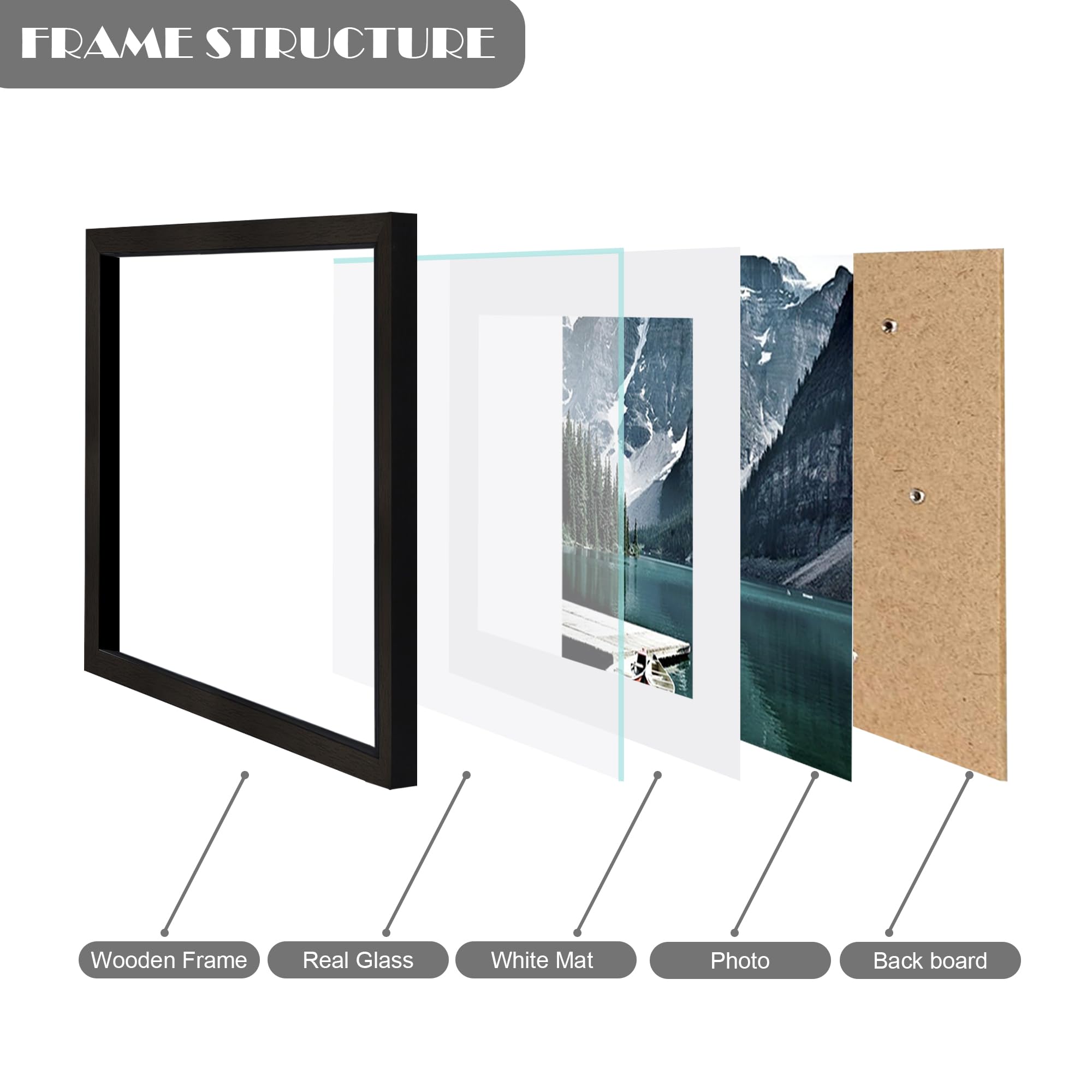 Hongkee 10x10 Black Picture Frames set of 3, Made of Wooden and Real Glass Square Photo frame - Displays 8x8 Picture With Mat or 10 x 10 Without Mat, Desktop & Wall Collage Frame set