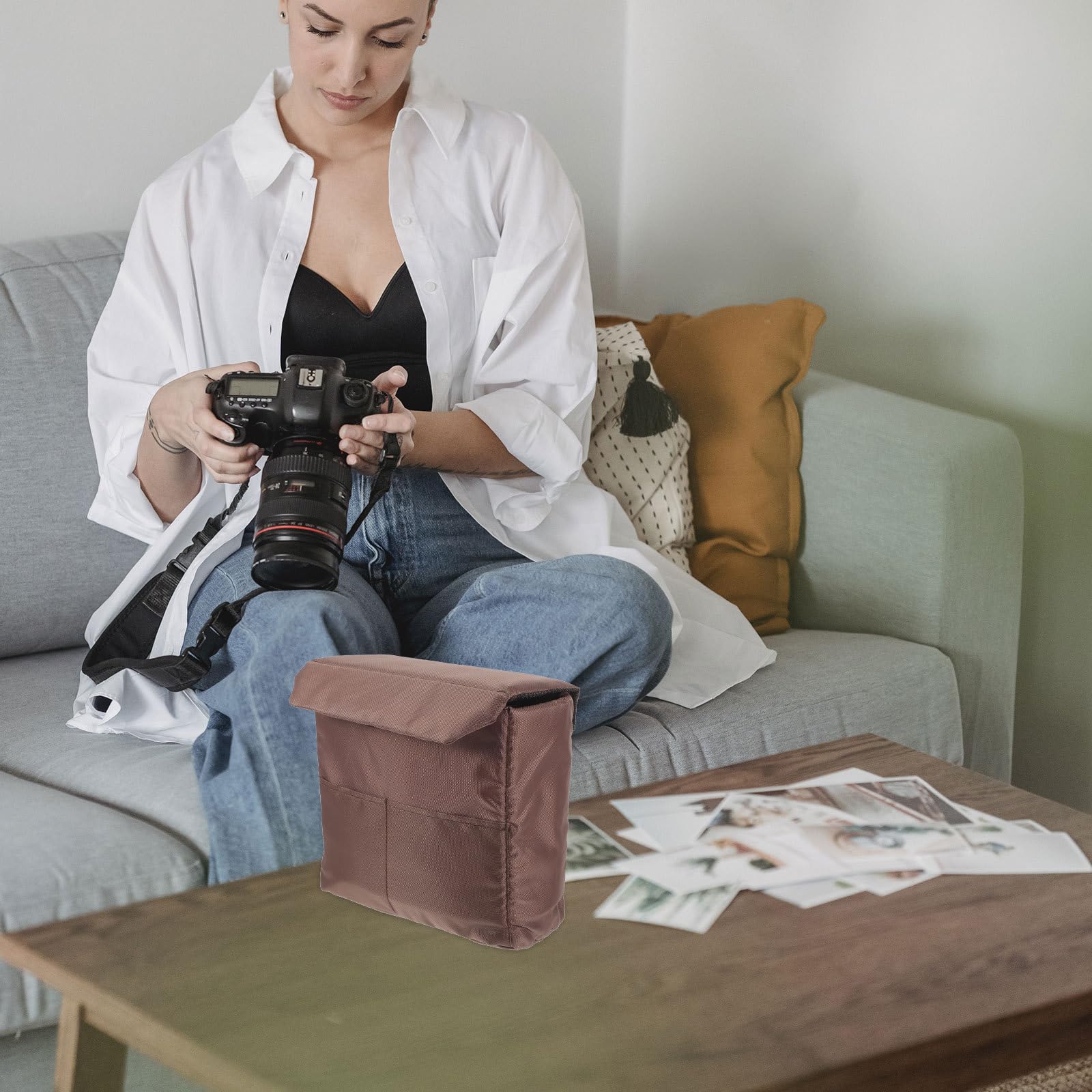 Bolsa Acolchada para Cámara de Fotos Réflex, Nylon Café | Divisor Interior, Protege el Equipo, Fácil de Limpiar, para Sesiones Interiores y Exteriores
