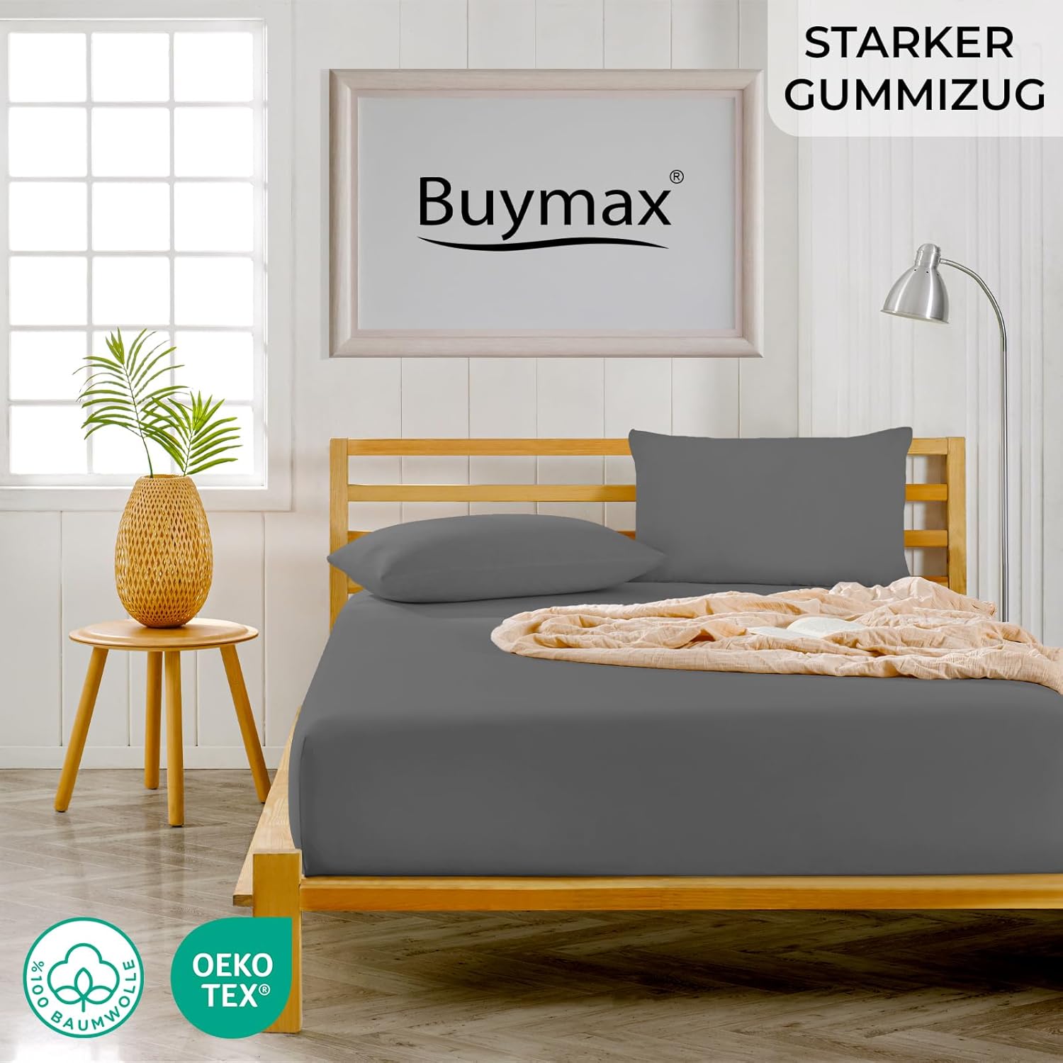 Buymax® Spannbettlaken 90x200cm Baumwolle 100% Spannbetttuch Bettlaken Jersey, Matratzenhöhe bis 25 cm, Farbe Anthrazit-Grau 90x200x30 cm Anthrazit-grau 1 - 2
