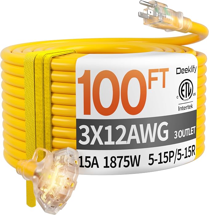 100 FT 12 Gauge Heavy Duty Extension Cord with Multiple Outlets | 100 Feet 3 Outlet Yellow Extension Cord Heavy Duty, Indicator, Flexible Waterproof SJTW, 15A 1875W, ETL Listed, Home/Garden