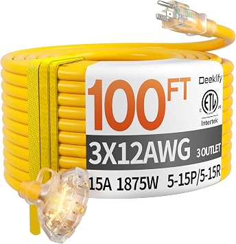 100ft 12 Gauge Heavy Duty 3 Outlet Extension Cord Splitter with Indicator, Waterproof Outdoor Extension Cord with Multiple Outlets, 15A 1875W for Garden, ETL Listed, Flexible Yellow SJTW