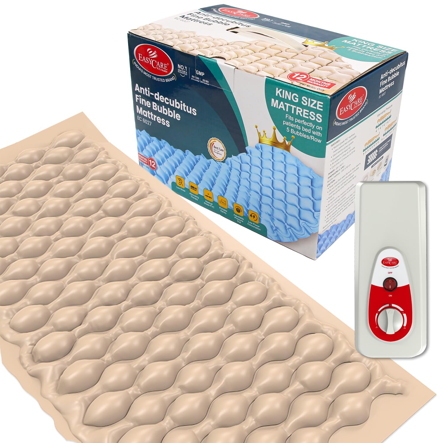 EASYCARE King Size Anti Decubitus Medical Air Mattress with Pump | Anti Bedsore Pressure Relief Hospital Bed Mattress | Durable, Comfortable | 12-Month Warranty | Ideal for Long-Term Care