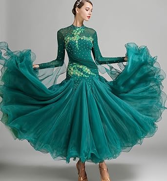 Women's Ballroom Dance Dress - Floral Rhinestone Professional Modern Waltz Competition Dress for Prom & Party