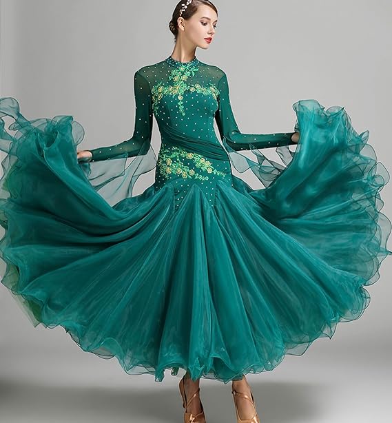 Women's Ballroom Dance Dress - Floral Rhinestone Professional Modern Waltz Competition Dress for Prom & Party