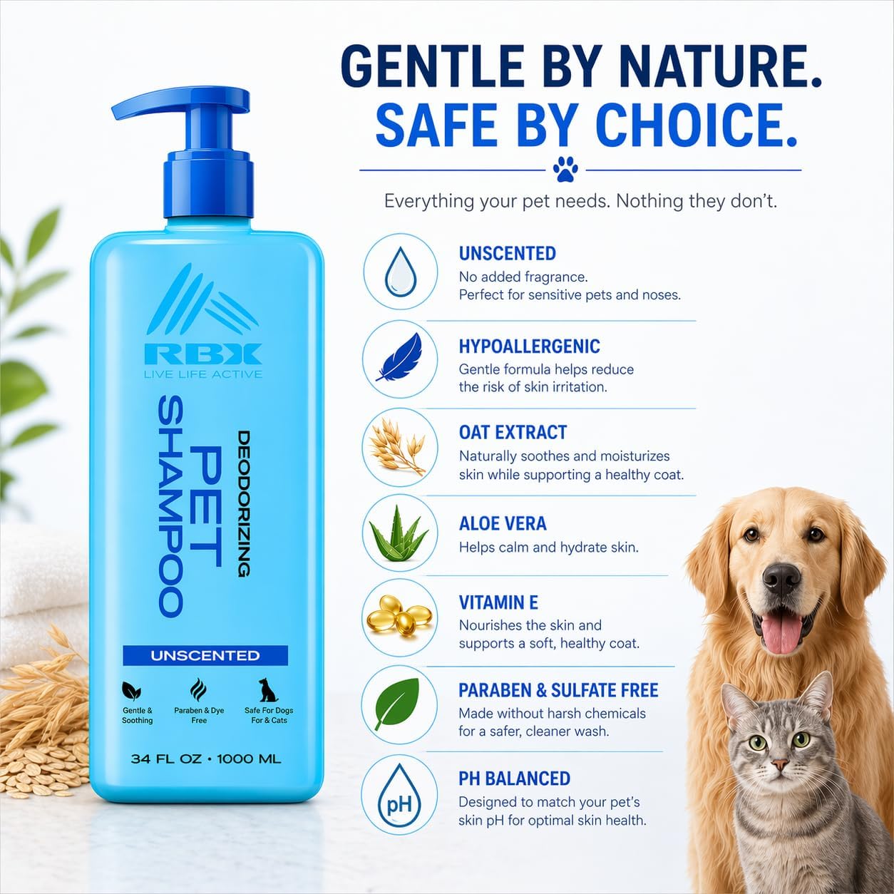 RBX Hypoallergenic Dog Shampoo for Smelly Dogs, Puppy Shampoo with Oatmeal, Aloe & Vitamin E, Deodorizing Dog Shampoo, Gentle & pH Balanced, Sulfate & Paraben Free, 34 oz (Unscented) image 5