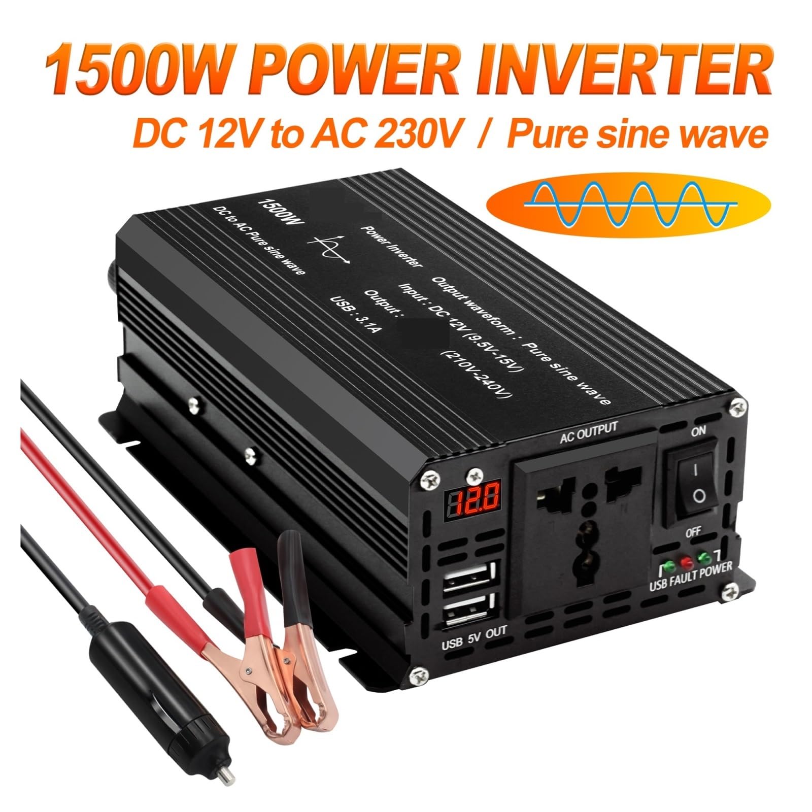DC 12V A AC Inverter A Onda Sinusoidale Pura 1000W/1500W/2200W/2600W/3000W LED Voltmetro Convertitore Trasformatore Universale Efficiente più Sicuro(2600W,12V 60Hz)