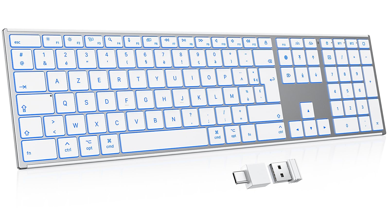 OMOTON Aluminium Clavier sans Fil Mac, 2.4G & Bluetooth (BT1/BT2), Clavier Rétroéclairé AZERTY pour Apple Macbook Pro/Air, Mac Mini, iMac, iMac Pro, Rechargeable Silencieux, Argent