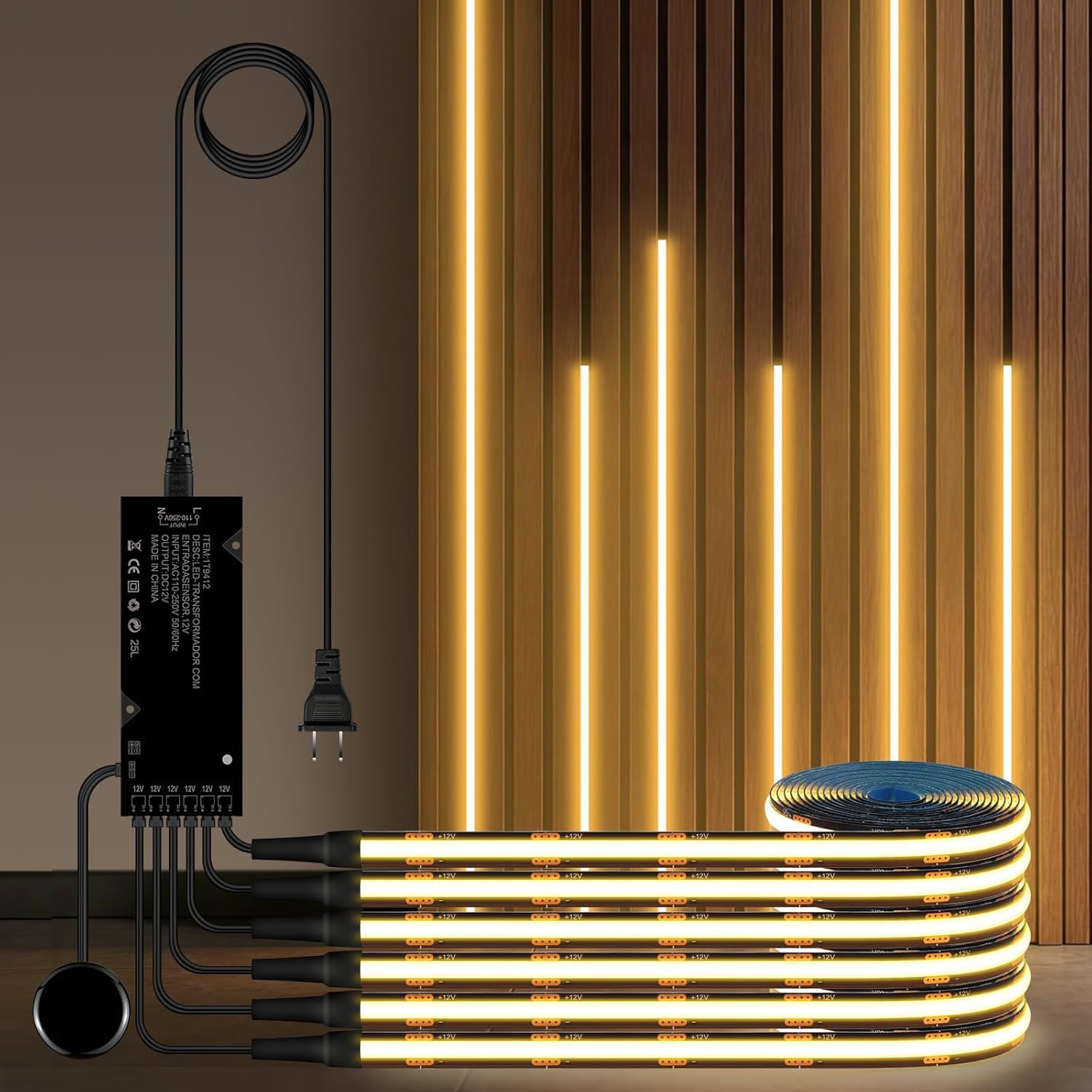AIMENGTE COB LED Strip 2m, 6 Rollen 12V Warmweiß Akustikpaneele Schneidbar COB LED Streifen, with Berühren und Hand Sweep Dimmer Schalten, für Weinschränke, Regale, Schränke