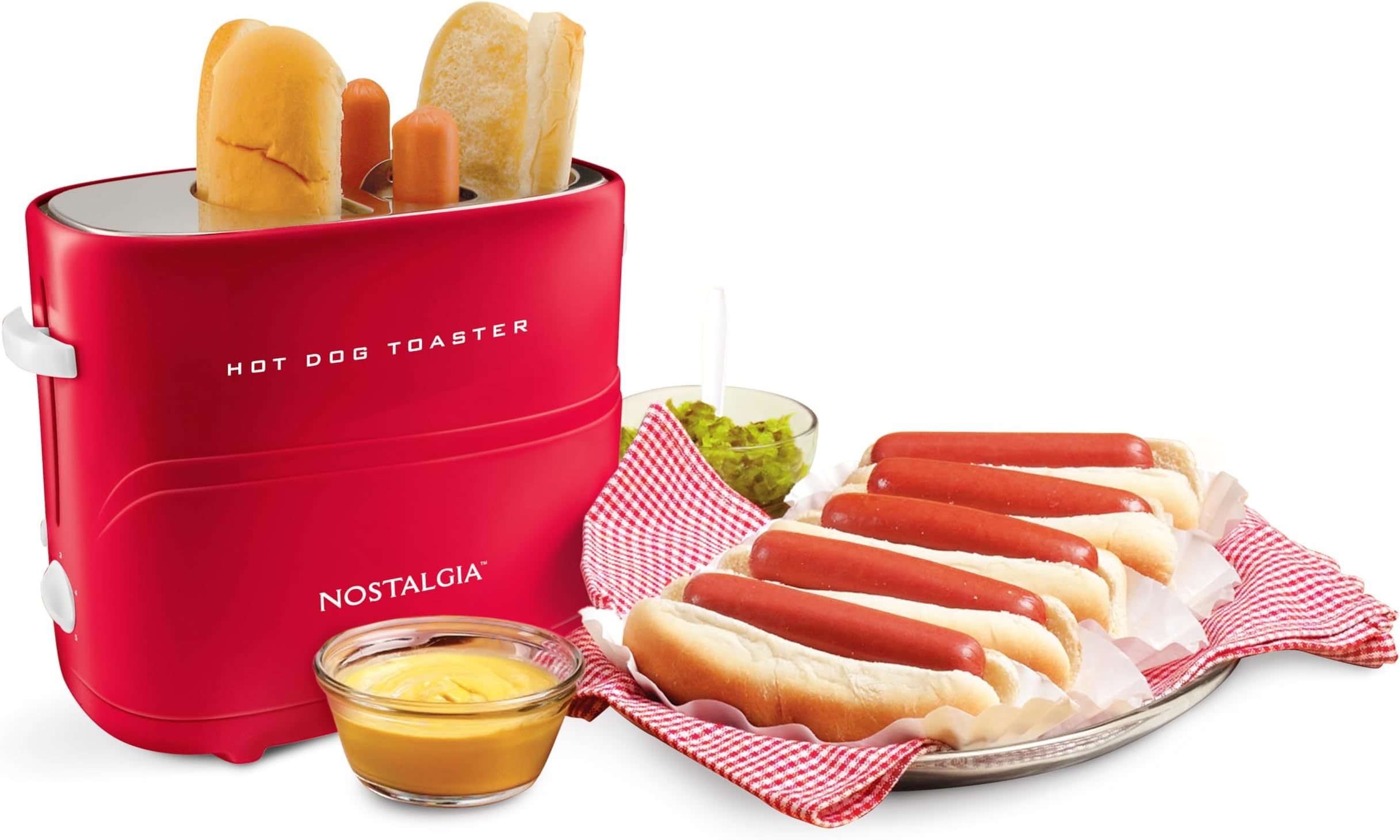 Retro Pop-Up Hot Dog Toaster, 2 Link and 2 Bun Capacity, With Mini Tongs, Works With Chicken, Turkey, Veggie Sausages and Brats