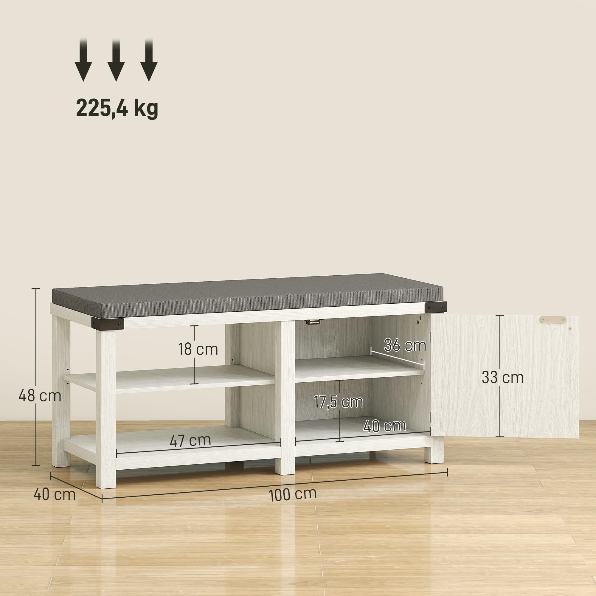 HOMCOM Banco Zapatero Rústico con Asiento Organizador de Zapatos con Compartimentos para 7 Pares Cojín para Entrada Salón Dormitorio 100x40x48 cm Blanco Grisáceo y Gris