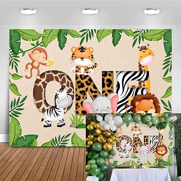 Mocsicka Jungle 1st Birthday Backdrop Safari Animals Boys First Birthday Background Jungle ONE Birthday Party Cake Table Decoration Banner Photo Booth Props 7x5ft