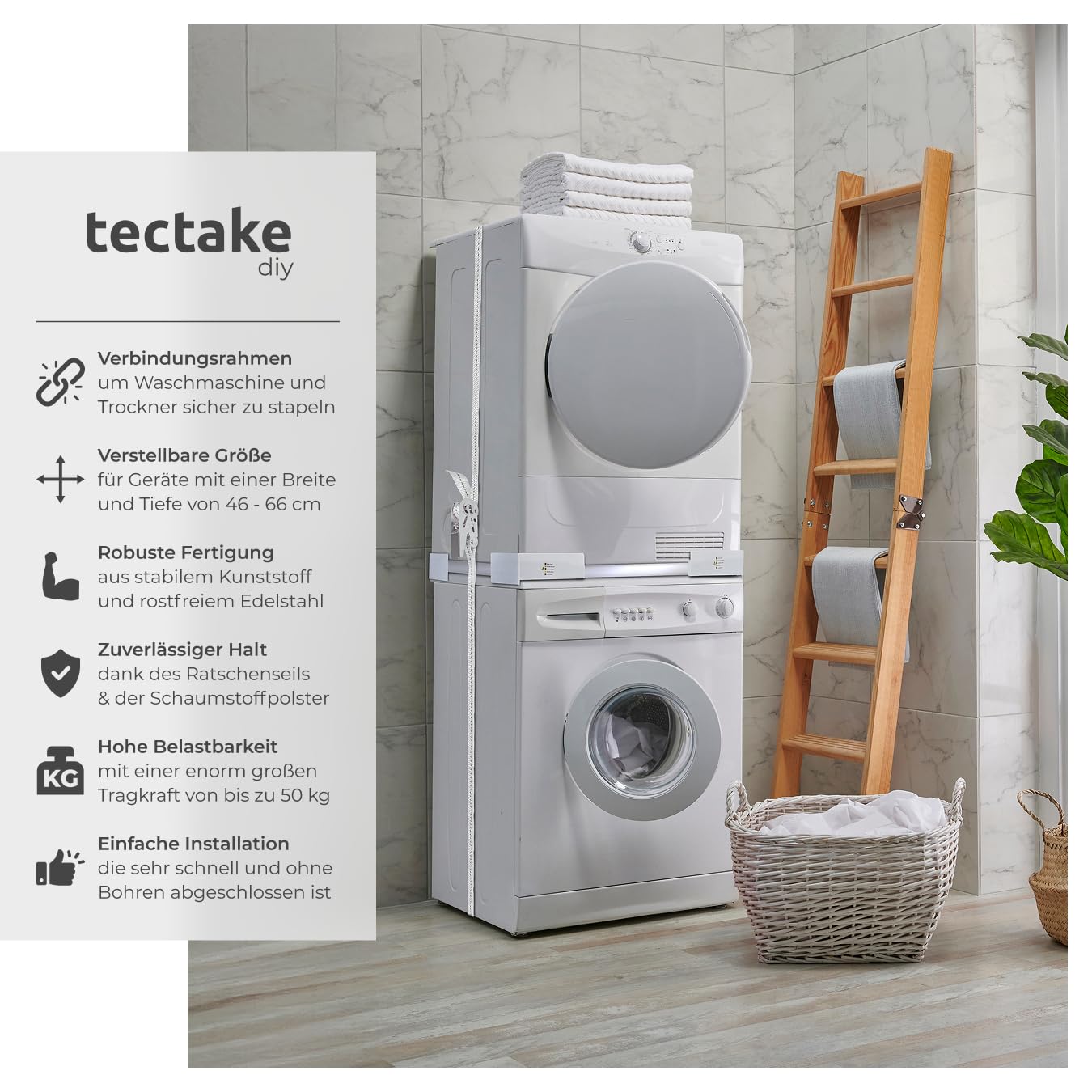 tectake® Verbindungsrahmen für Waschturm aus Waschmaschine und Trockner, 46–66 cm, Universal-Stapelbausatz mit Ratschenseil, Waschmaschine Trockner Verbindung, Zwischenbaurahmen Trockner Waschmaschine
