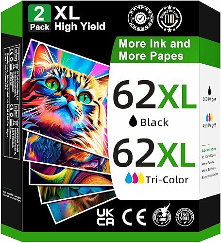 Cartuchos de tinta 62XL de alto rendimiento de repuesto negro y color para HP 62XL, paquete combinado de cartuchos de tinta compatibles con HP Envy