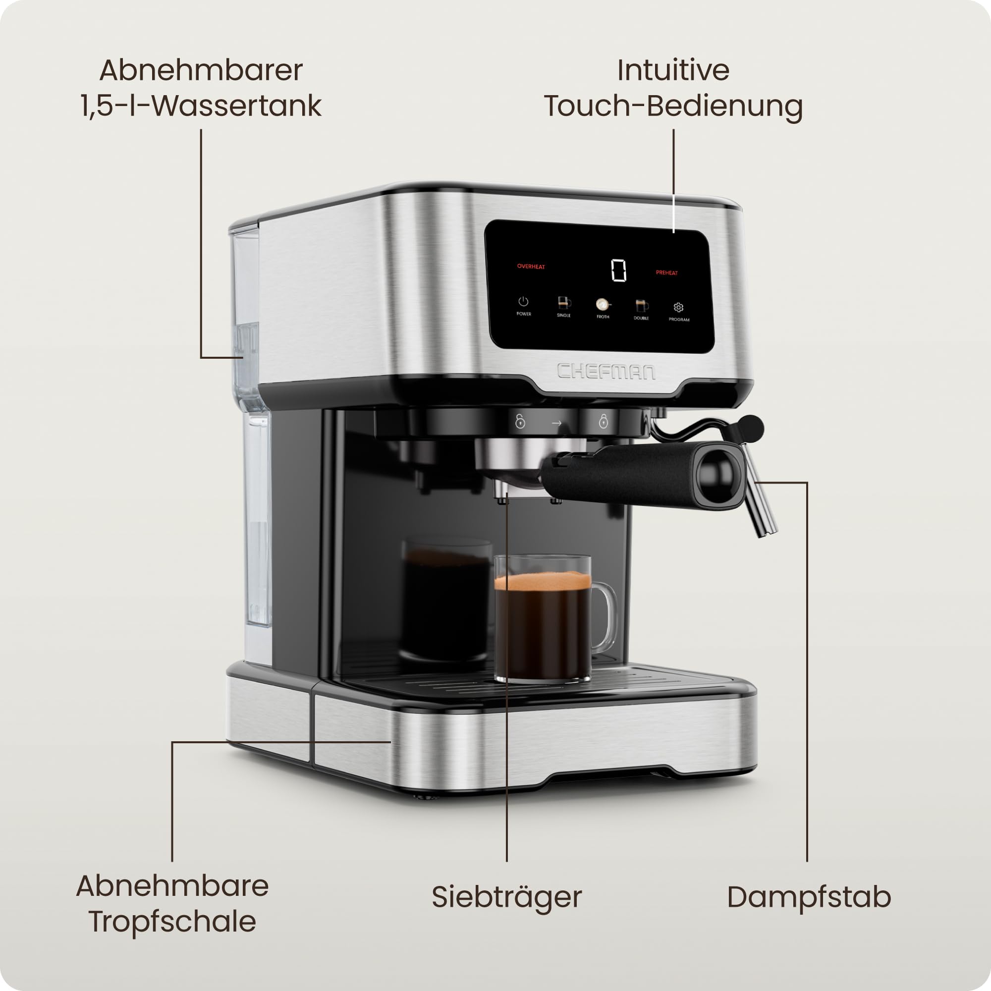 Chefman CraftBrew 15-Bar-Siebträgermaschine, 1,5L-Wassertank, Dampfstab | digitaler Touchscreen, Latte & Cappuccino, kompakt, abnehmbar, Edelstahl